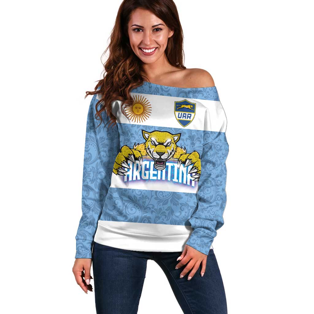 Custom Argentina Rugby 2024 Off Shoulder Sweater Vamos Los Pumas with Jaguar and Floral Pattern - Wonder Print Shop