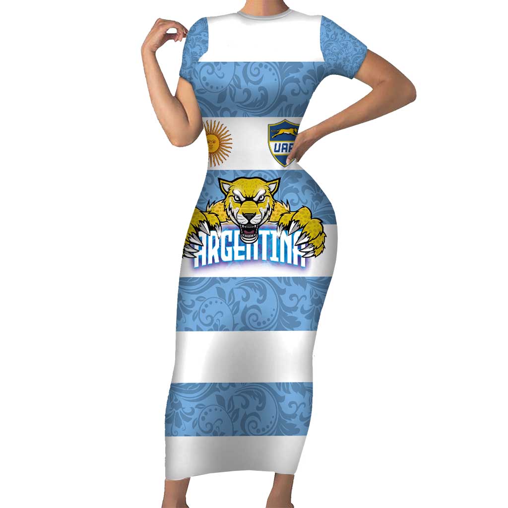 Custom Argentina Rugby 2024 Short Sleeve Bodycon Dress Vamos Los Pumas with Jaguar and Floral Pattern - Wonder Print Shop