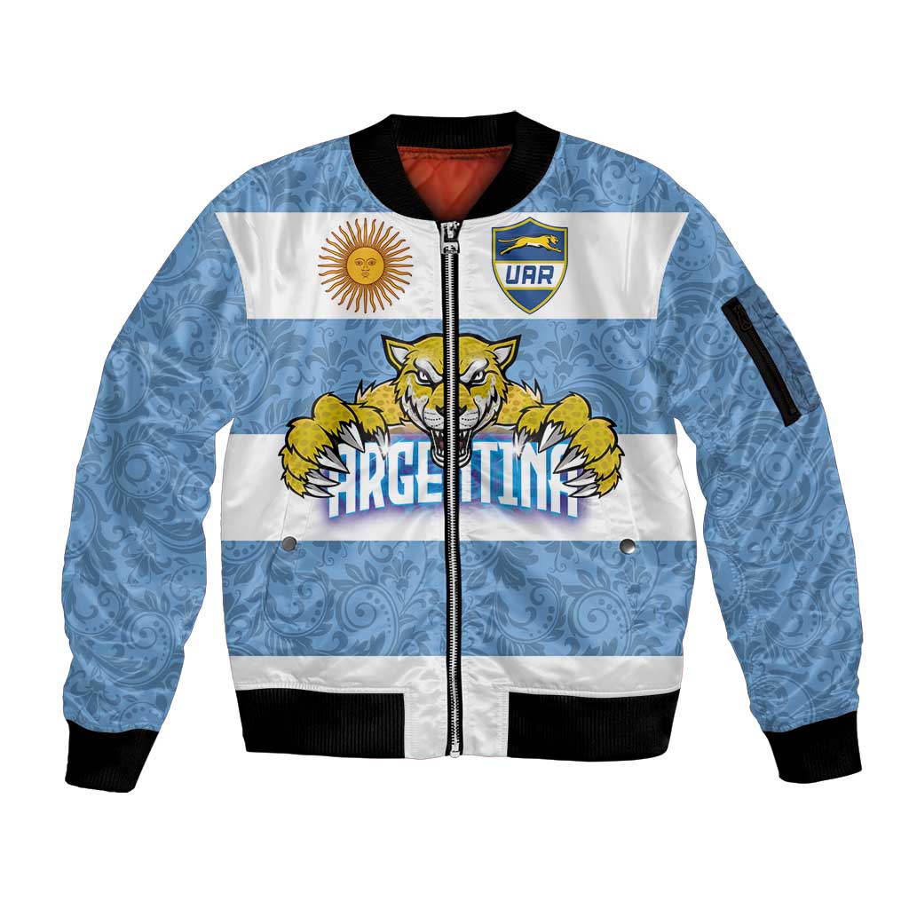 Custom Argentina Rugby 2024 Sleeve Zip Bomber Jacket Vamos Los Pumas with Jaguar and Floral Pattern - Wonder Print Shop