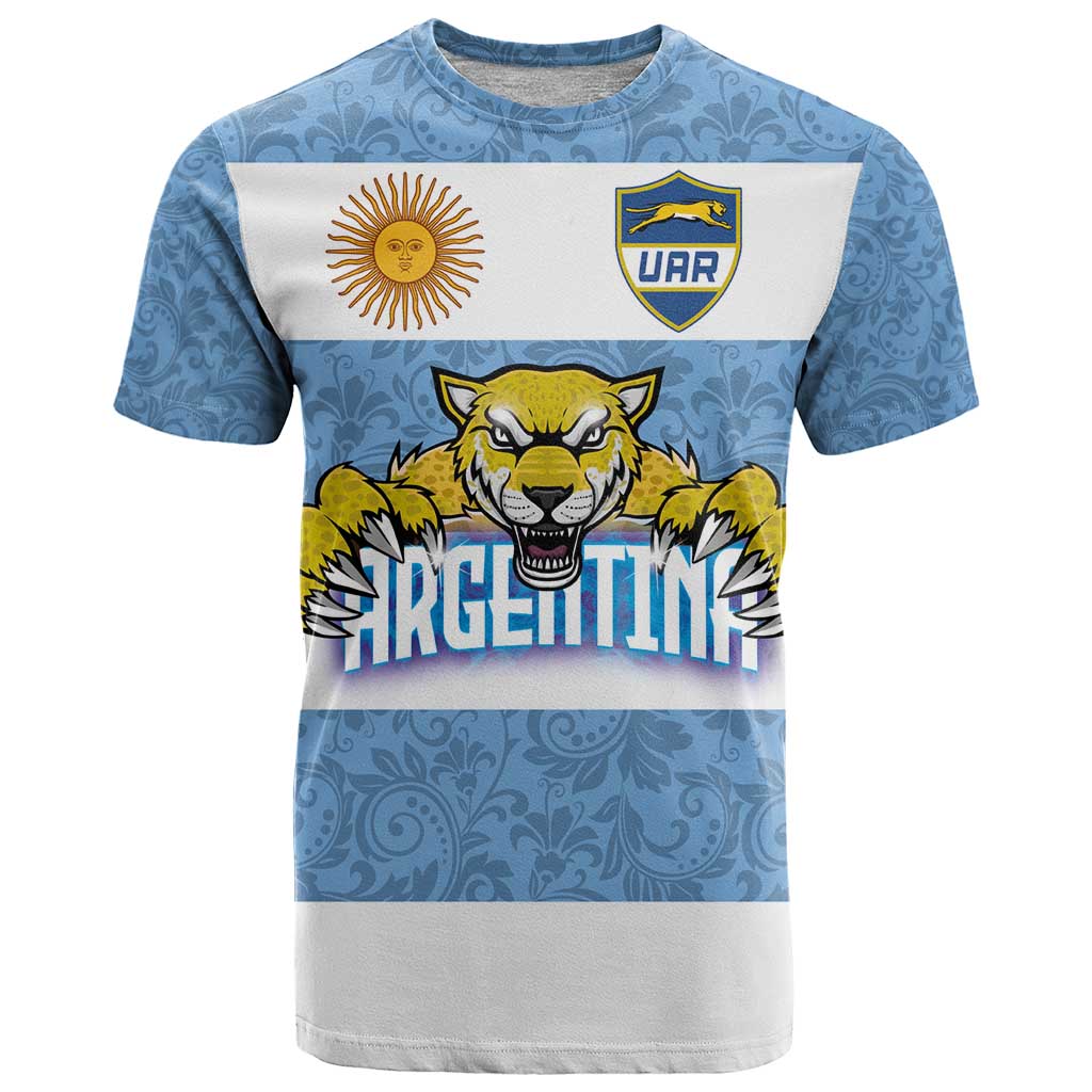 Custom Argentina Rugby 2024 T Shirt Vamos Los Pumas with Jaguar and Floral Pattern - Wonder Print Shop