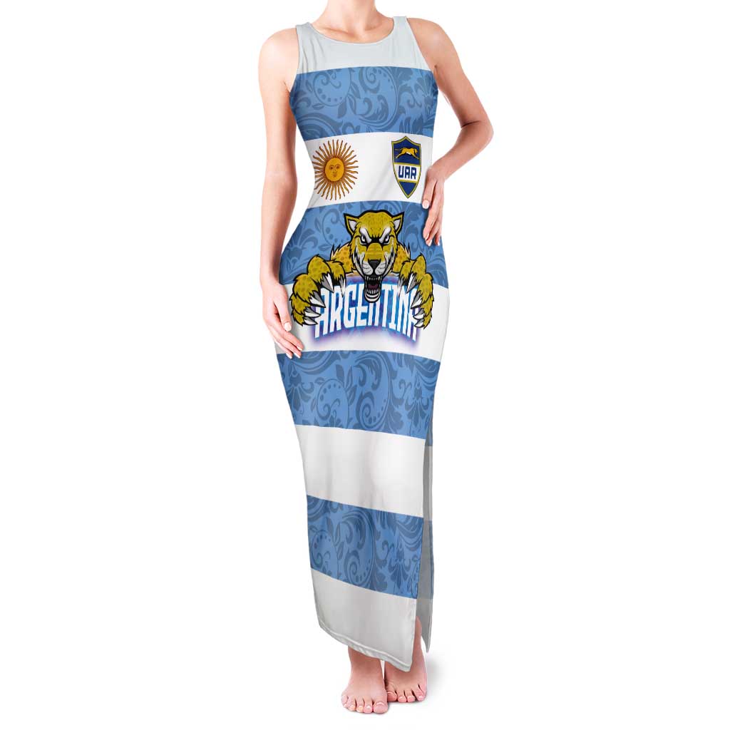 Custom Argentina Rugby 2024 Tank Maxi Dress Vamos Los Pumas with Jaguar and Floral Pattern - Wonder Print Shop