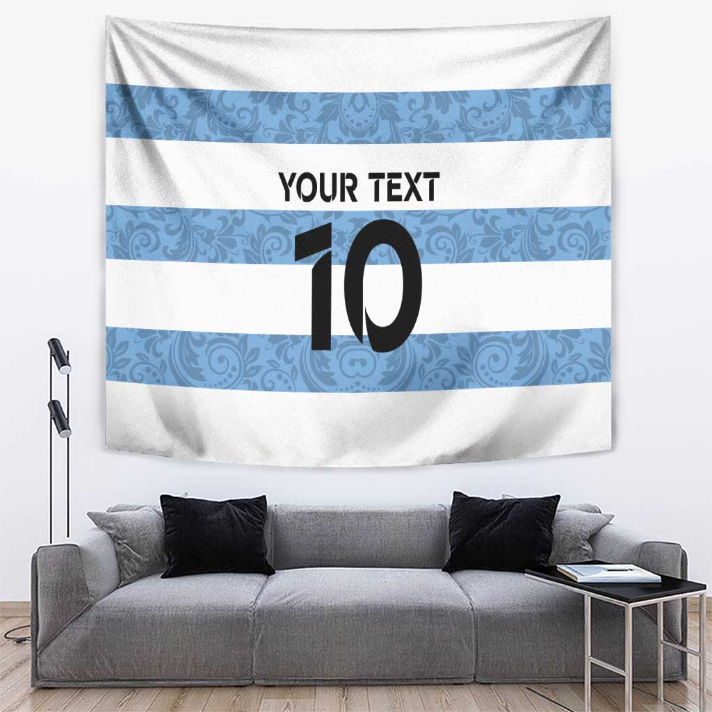 Blue-and-white striped tapestry with paisley pattern, 'YOUR TEXT' and number 10