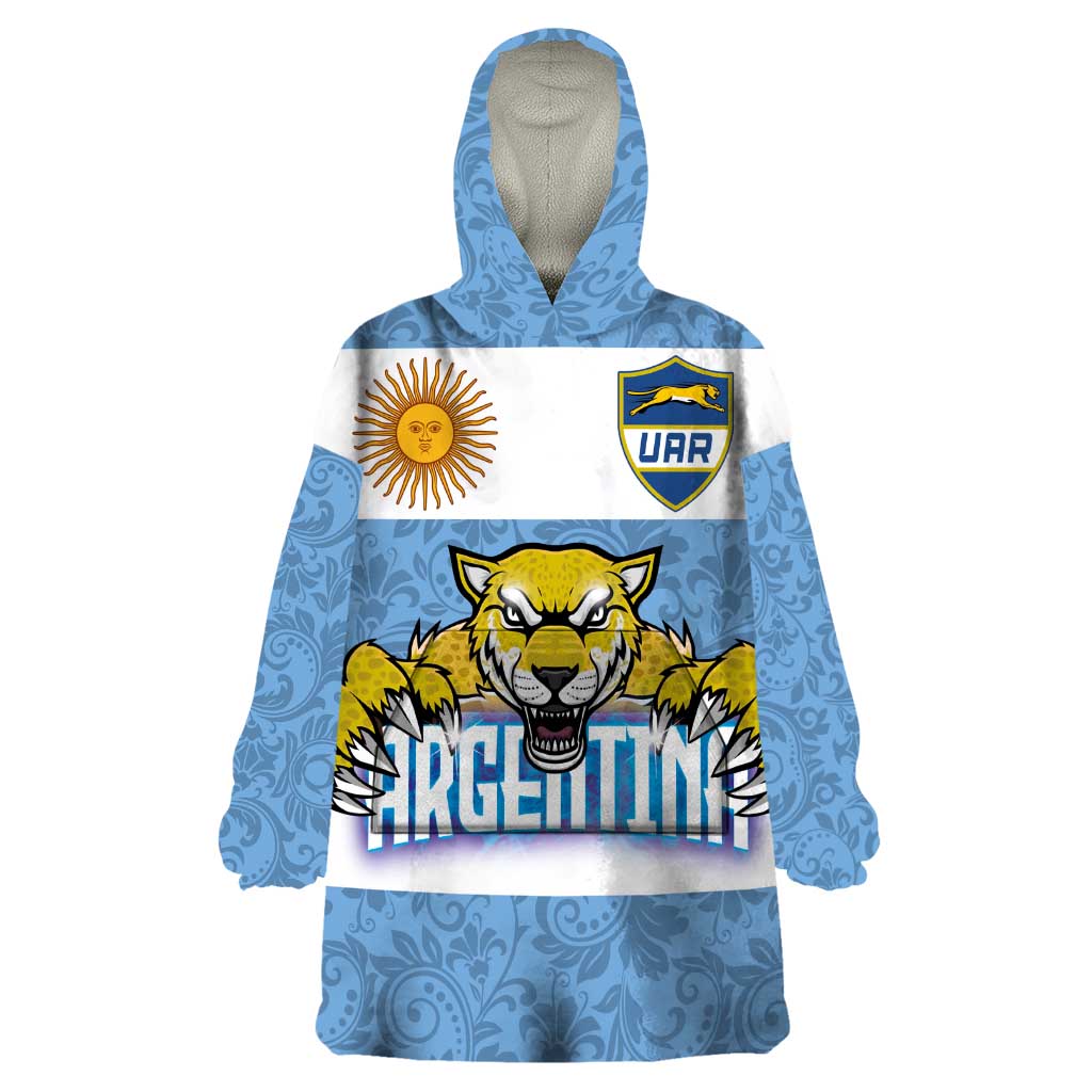 Custom Argentina Rugby 2024 Wearable Blanket Hoodie Vamos Los Pumas with Jaguar and Floral Pattern - Wonder Print Shop