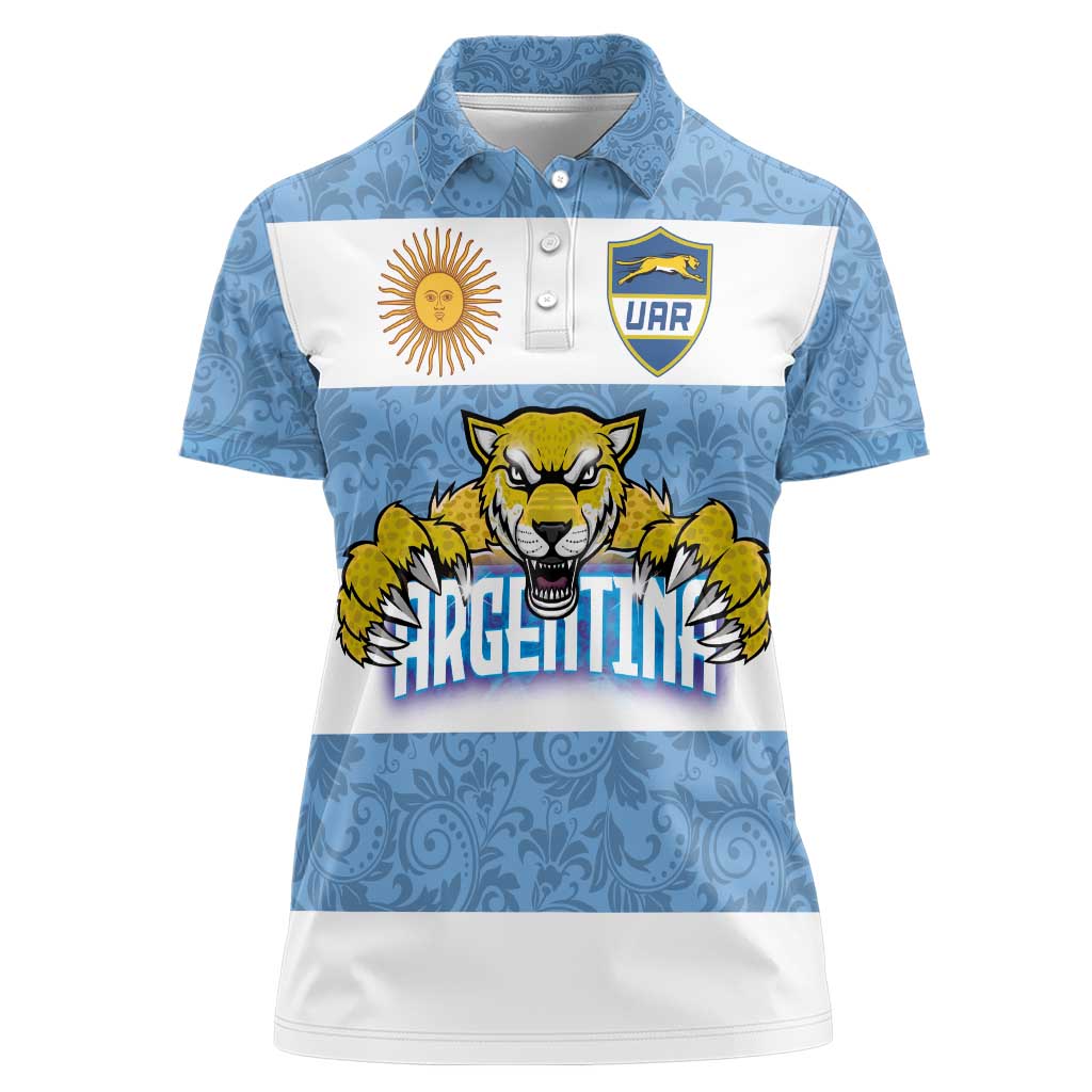 Custom Argentina Rugby 2024 Women Polo Shirt Vamos Los Pumas with Jaguar and Floral Pattern - Wonder Print Shop