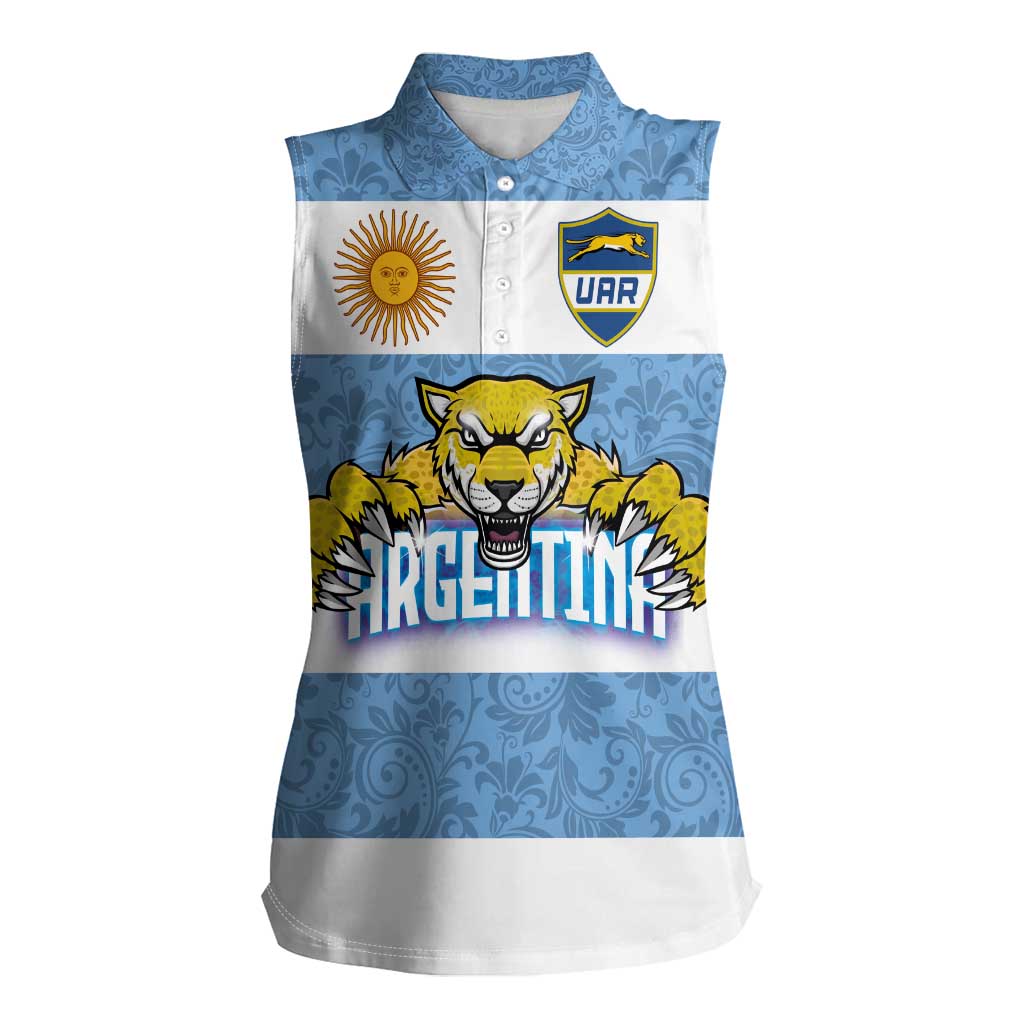 Custom Argentina Rugby 2024 Women Sleeveless Polo Shirt Vamos Los Pumas with Jaguar and Floral Pattern - Wonder Print Shop