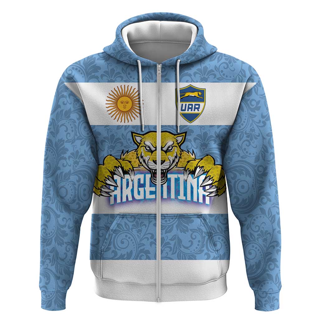 Custom Argentina Rugby 2024 Zip Hoodie Vamos Los Pumas with Jaguar and Floral Pattern - Wonder Print Shop