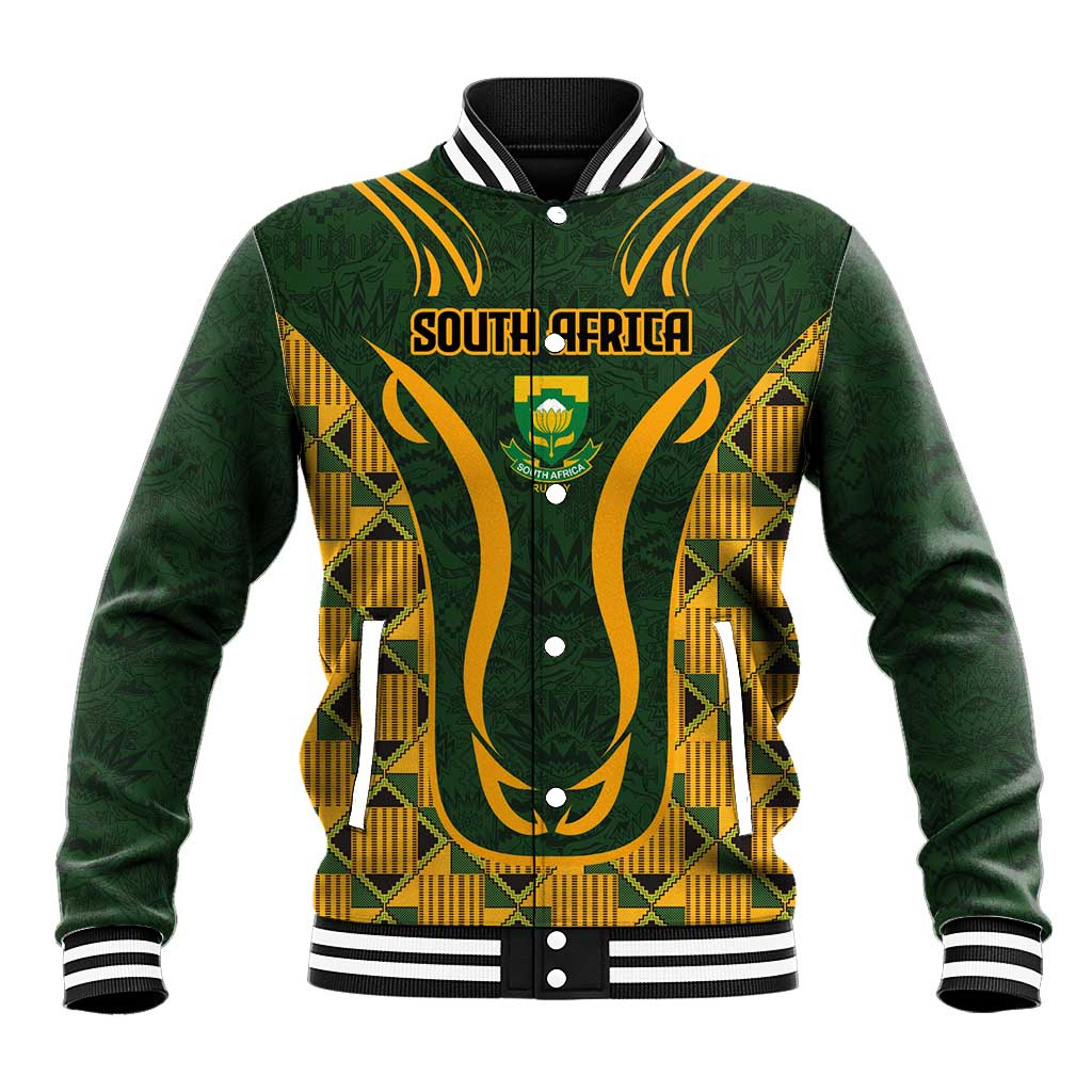 Unisex green baseball jacket with yellow-black Kente graphic, front button placket