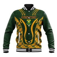 Unisex green baseball jacket with yellow-black Kente graphic, front button placket