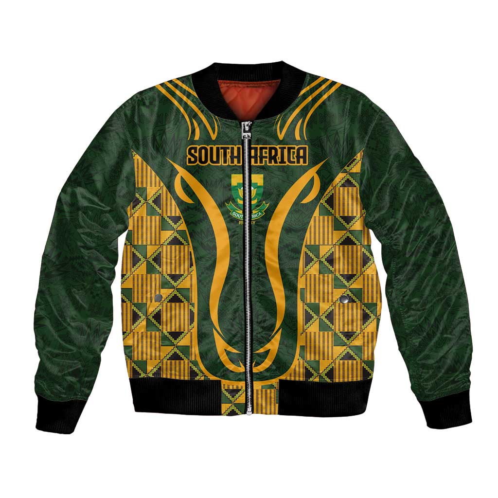 Green bomber jacket with front zipper and gold kente pattern panels, South Africa graphic