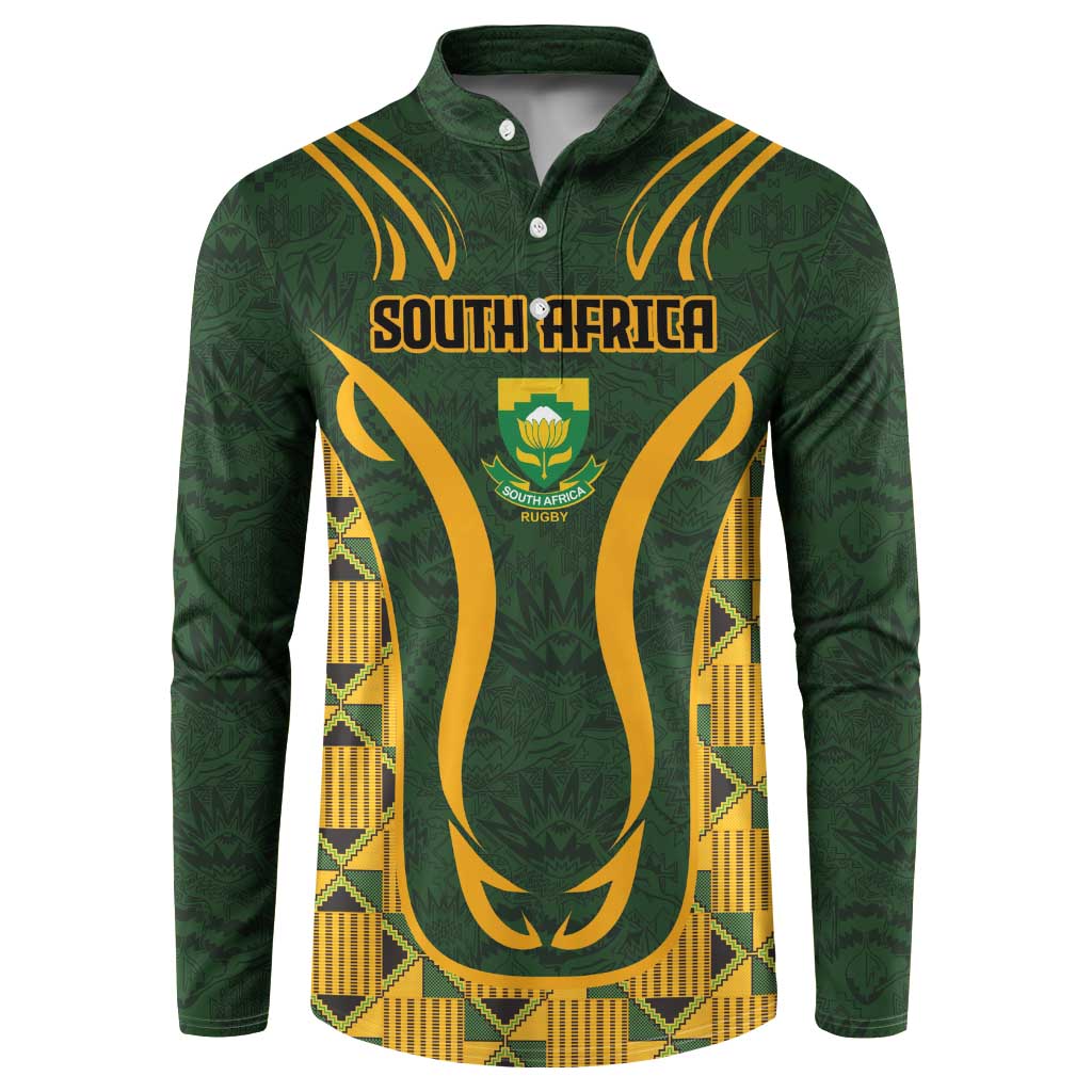 Green button sweatshirt with South Africa crest, gold kente panel and long sleeves