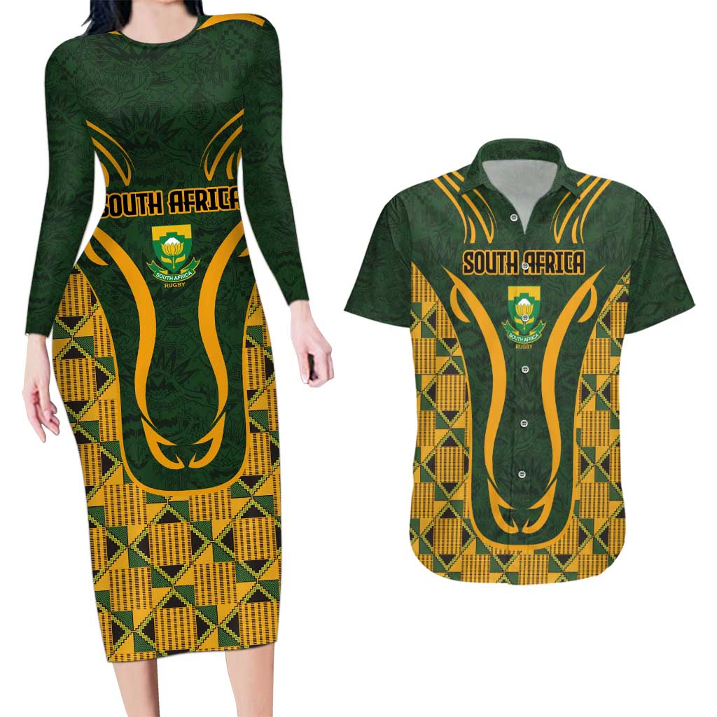 Custom South Africa Rugby 2024 Couples Matching Long Sleeve Bodycon Dress and Hawaiian Shirt Go Champion Springboks and Kente Pattern - Wonder Print Shop