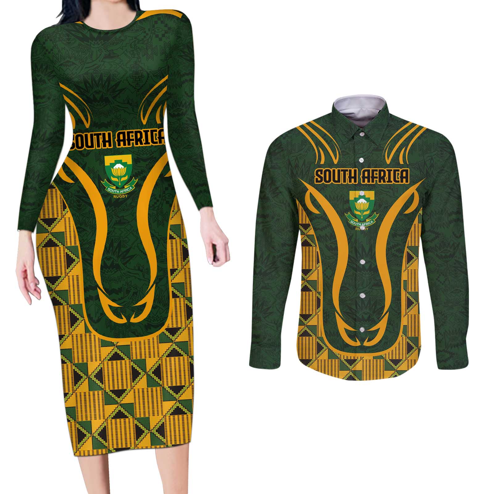 Custom South Africa Rugby 2024 Couples Matching Long Sleeve Bodycon Dress and Long Sleeve Button Shirt Go Champion Springboks and Kente Pattern - Wonder Print Shop