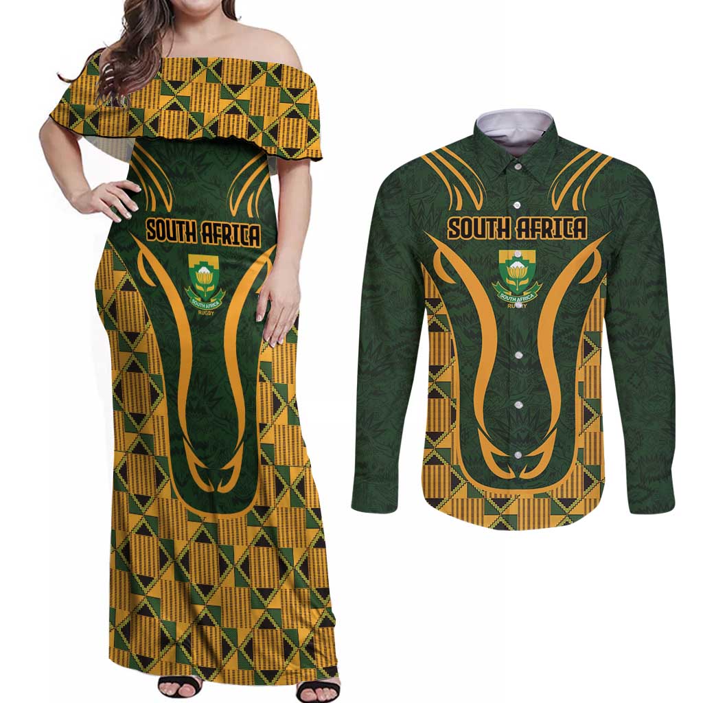 Custom South Africa Rugby 2024 Couples Matching Off Shoulder Maxi Dress and Long Sleeve Button Shirt Go Champion Springboks and Kente Pattern - Wonder Print Shop