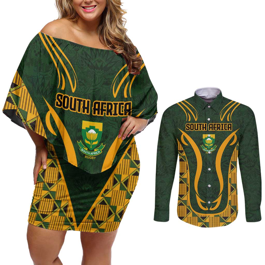 Custom South Africa Rugby 2024 Couples Matching Off Shoulder Short Dress and Long Sleeve Button Shirt Go Champion Springboks and Kente Pattern - Wonder Print Shop