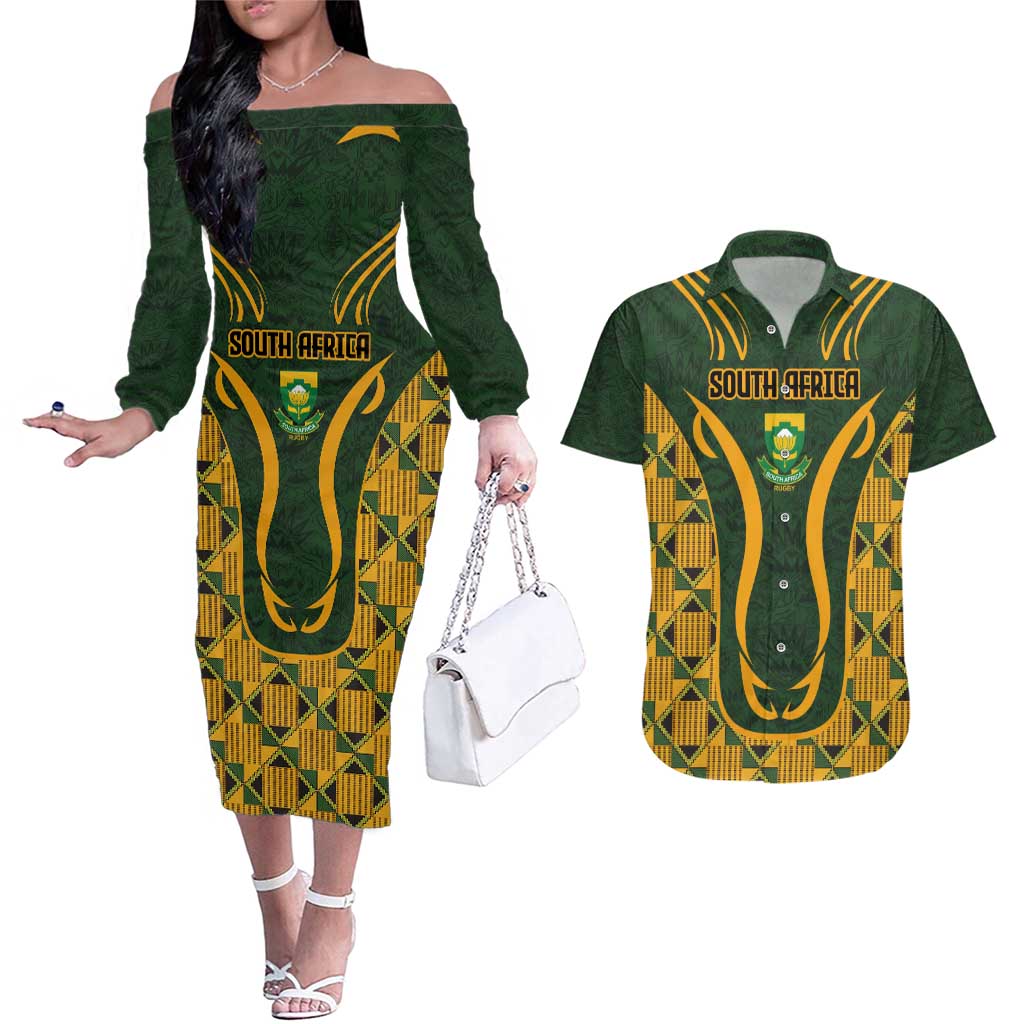 Custom South Africa Rugby 2024 Couples Matching Off The Shoulder Long Sleeve Dress and Hawaiian Shirt Go Champion Springboks and Kente Pattern - Wonder Print Shop