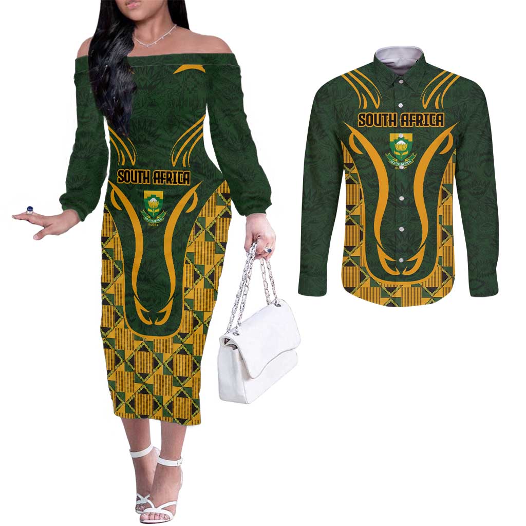 Custom South Africa Rugby 2024 Couples Matching Off The Shoulder Long Sleeve Dress and Long Sleeve Button Shirt Go Champion Springboks and Kente Pattern