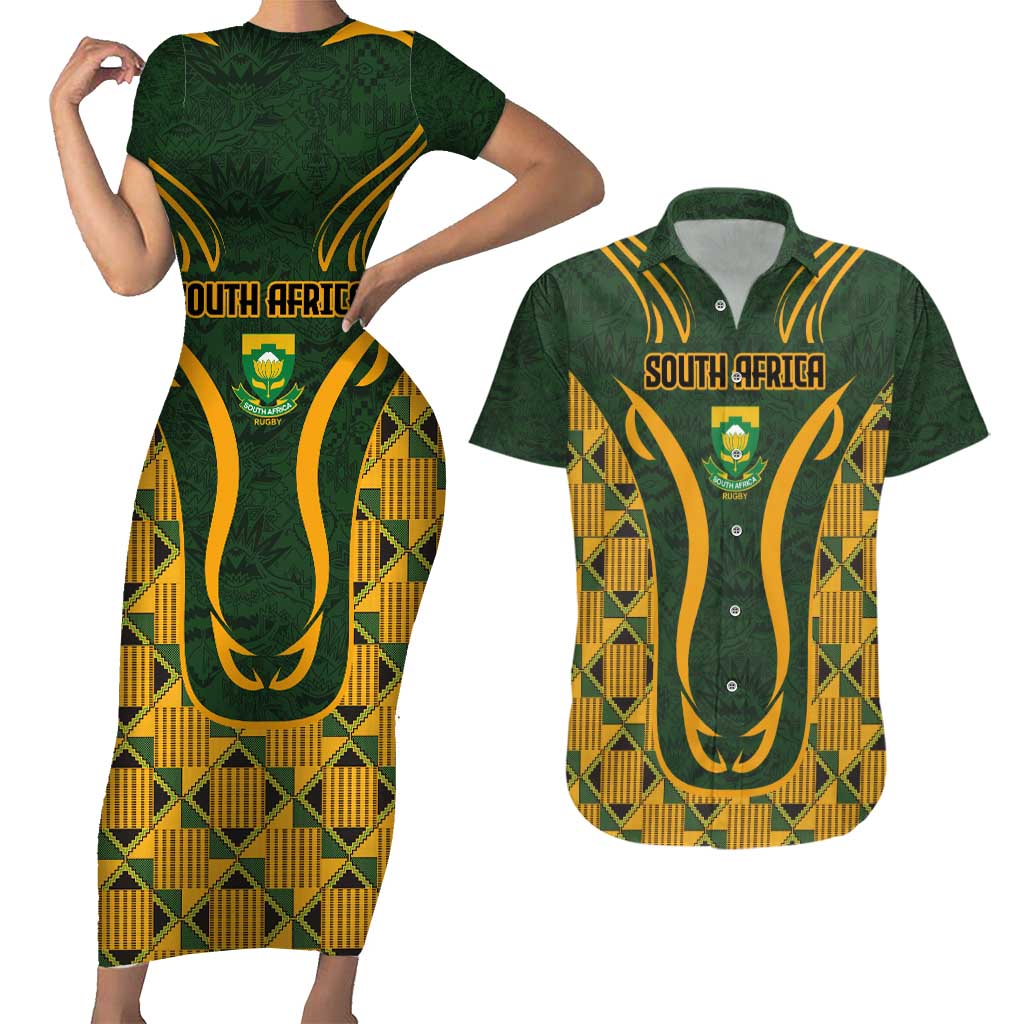 Custom South Africa Rugby 2024 Couples Matching Short Sleeve Bodycon Dress and Hawaiian Shirt Go Champion Springboks and Kente Pattern - Wonder Print Shop