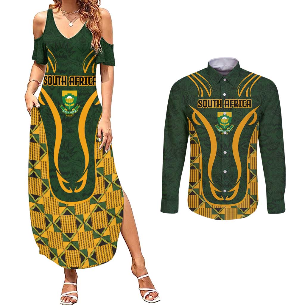 Custom South Africa Rugby 2024 Couples Matching Summer Maxi Dress and Long Sleeve Button Shirt Go Champion Springboks and Kente Pattern - Wonder Print Shop