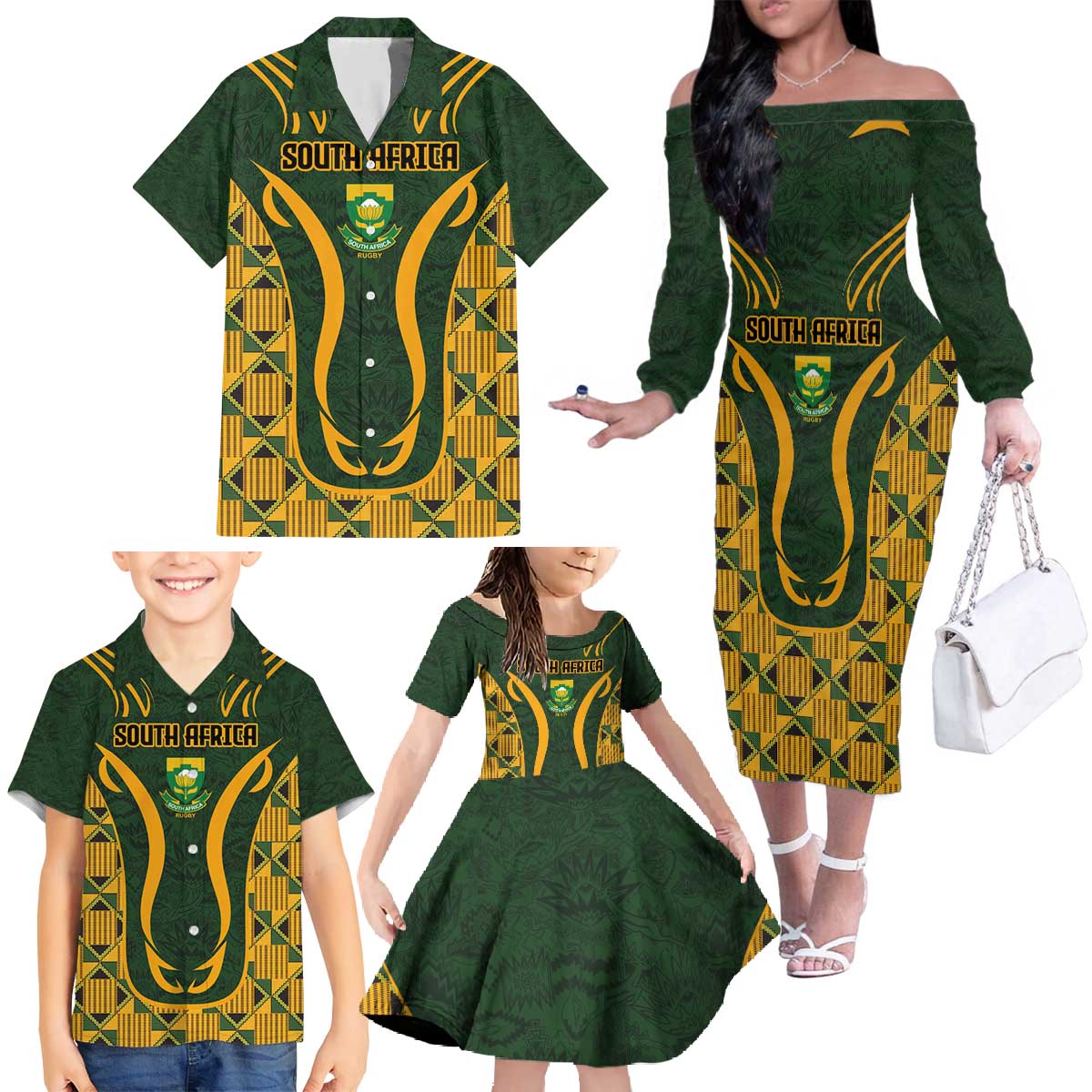 Custom South Africa Rugby 2024 Family Matching Off The Shoulder Long Sleeve Dress and Hawaiian Shirt Go Champion Springboks and Kente Pattern - Wonder Print Shop