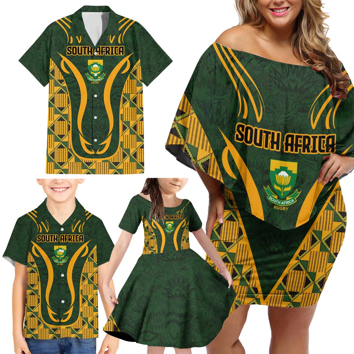 Custom South Africa Rugby 2024 Family Matching Off Shoulder Short Dress and Hawaiian Shirt Go Champion Springboks and Kente Pattern - Wonder Print Shop