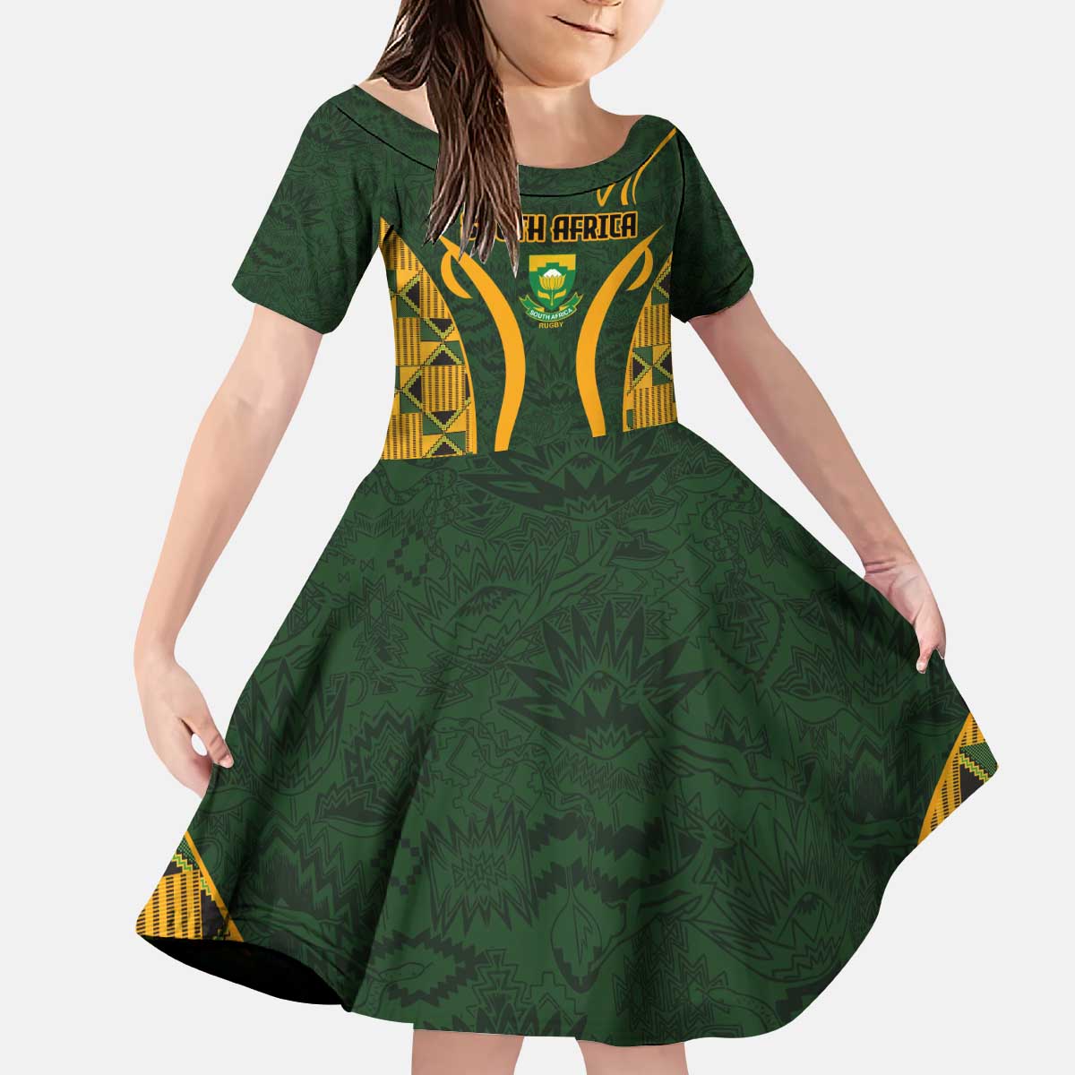 Custom South Africa Rugby 2024 Kid Short Sleeve Dress Go Champion Springboks and Kente Pattern - Wonder Print Shop