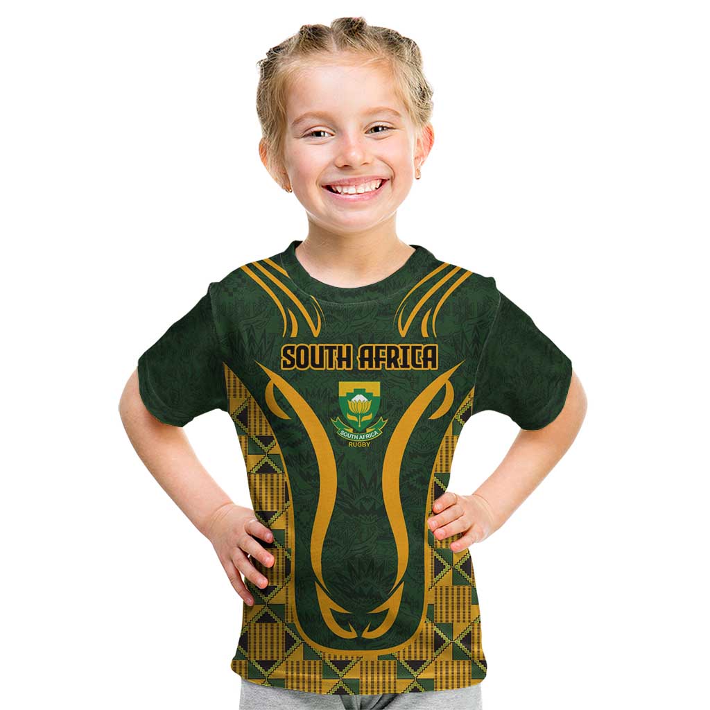 Custom South Africa Rugby 2024 Kid T Shirt Go Champion Springboks and Kente Pattern - Wonder Print Shop