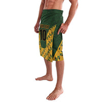 Green elastic-waist shorts with yellow kente geometric print and number 10 front