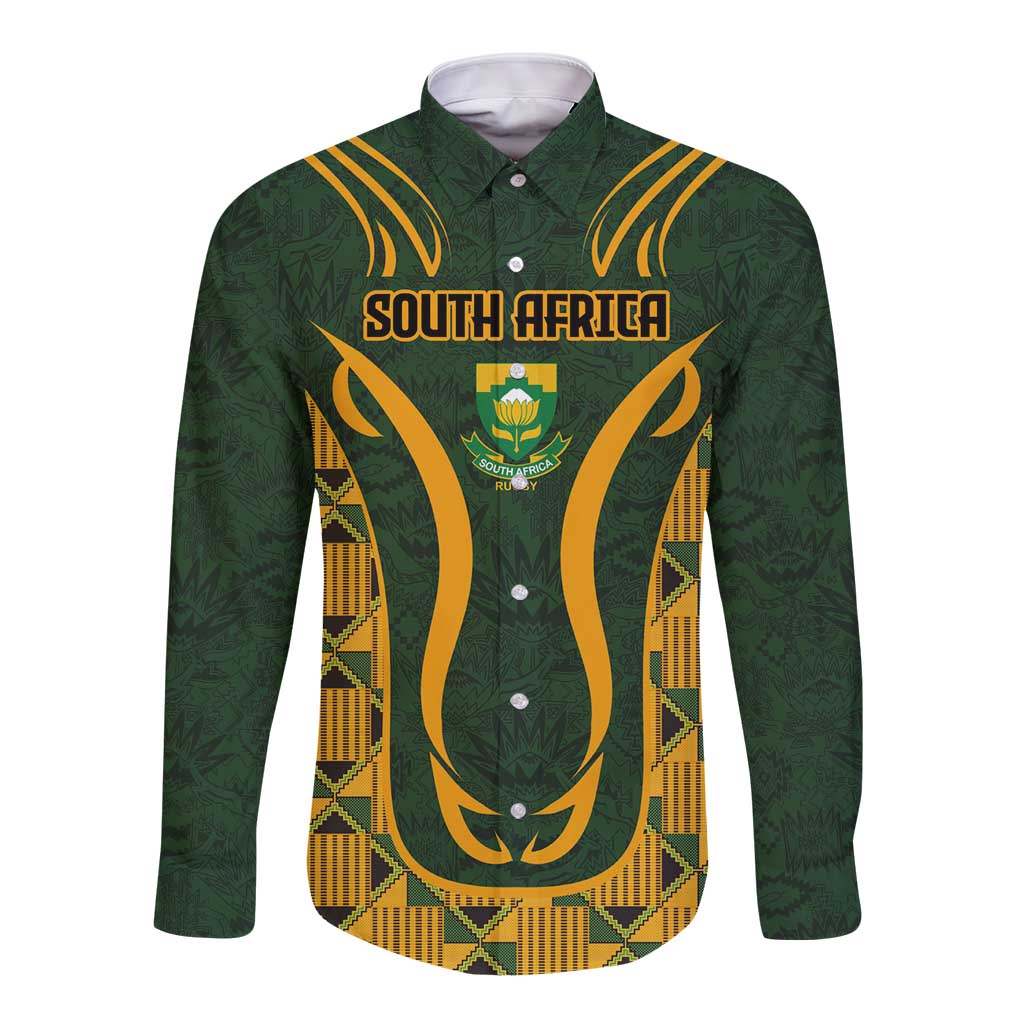 Green long-sleeve button shirt with South Africa front graphic and kente pattern trim