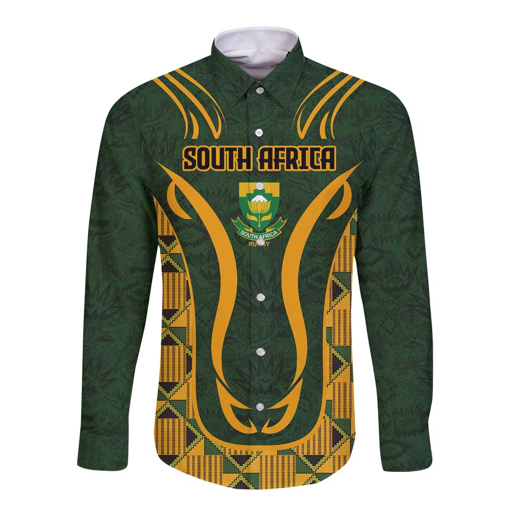 Custom South Africa Rugby 2024 Long Sleeve Button Shirt Go Champion Springboks and Kente Pattern - Wonder Print Shop