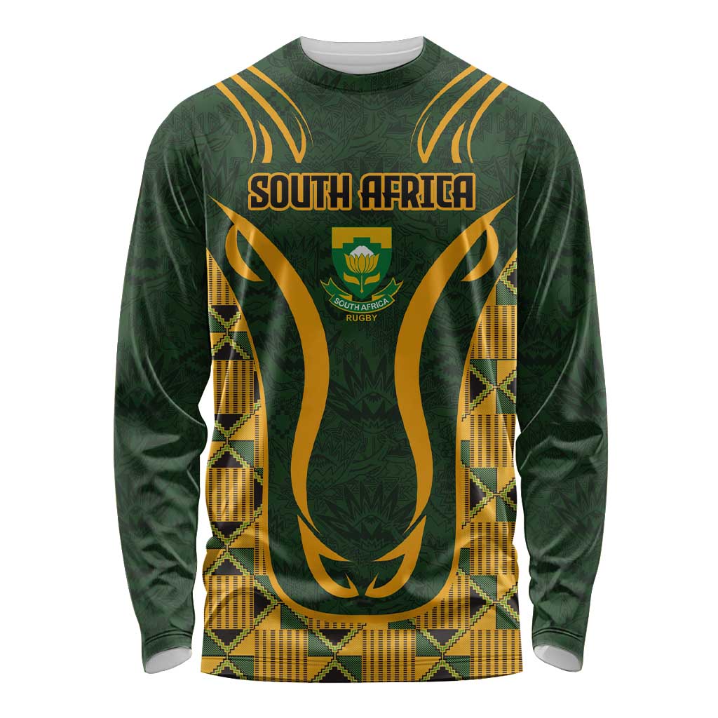 Custom South Africa Rugby 2024 Long Sleeve Shirt Go Champion Springboks and Kente Pattern - Wonder Print Shop