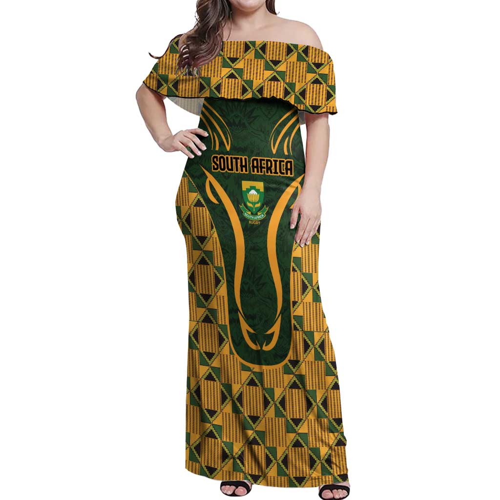 Custom South Africa Rugby 2024 Off Shoulder Maxi Dress Go Champion Springboks and Kente Pattern - Wonder Print Shop