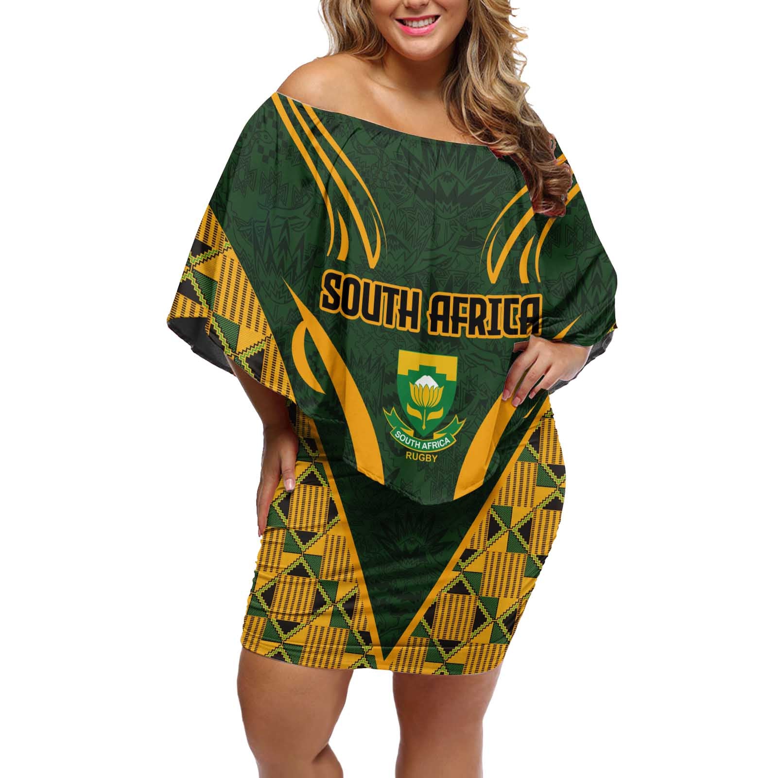 Custom South Africa Rugby 2024 Off Shoulder Short Dress Go Champion Springboks and Kente Pattern - Wonder Print Shop