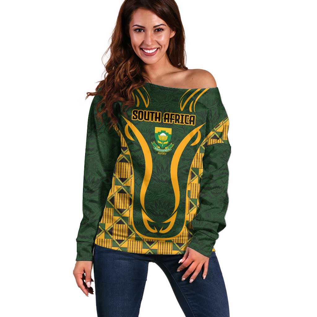 Custom South Africa Rugby 2024 Off Shoulder Sweater Go Champion Springboks and Kente Pattern - Wonder Print Shop