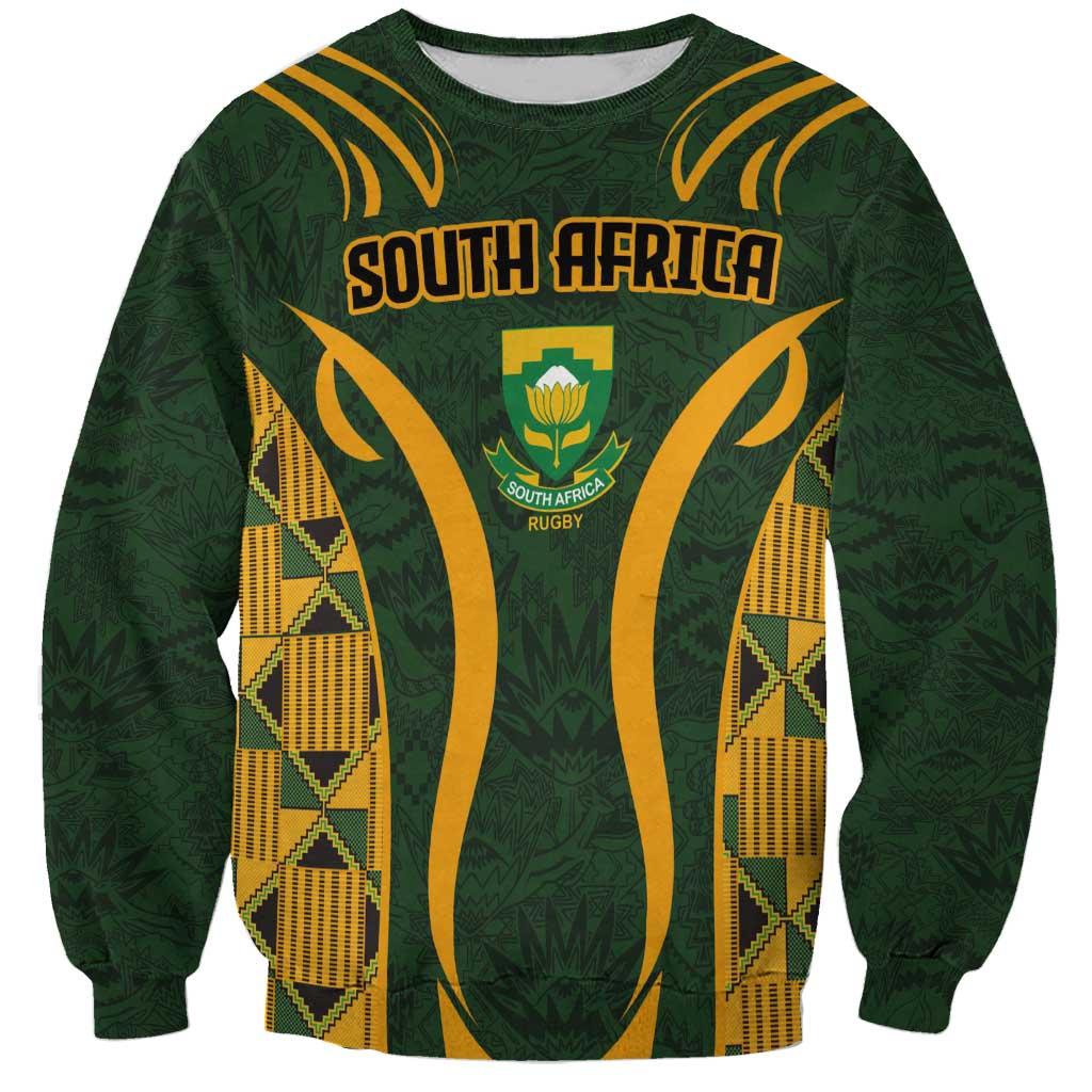 Unisex green sweatshirt with South Africa Rugby crest and kente pattern graphic