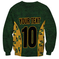 Unisex green sweatshirt with custom text and number 10, kente pattern side panels