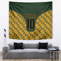 Green and yellow kente-pattern tapestry with 'YOUR TEXT' and a large gold '10'.