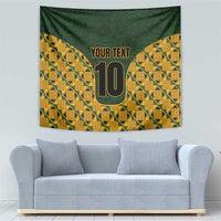 Green and yellow kente-pattern tapestry wall hanging featuring 'YOUR TEXT' and gold '10'.