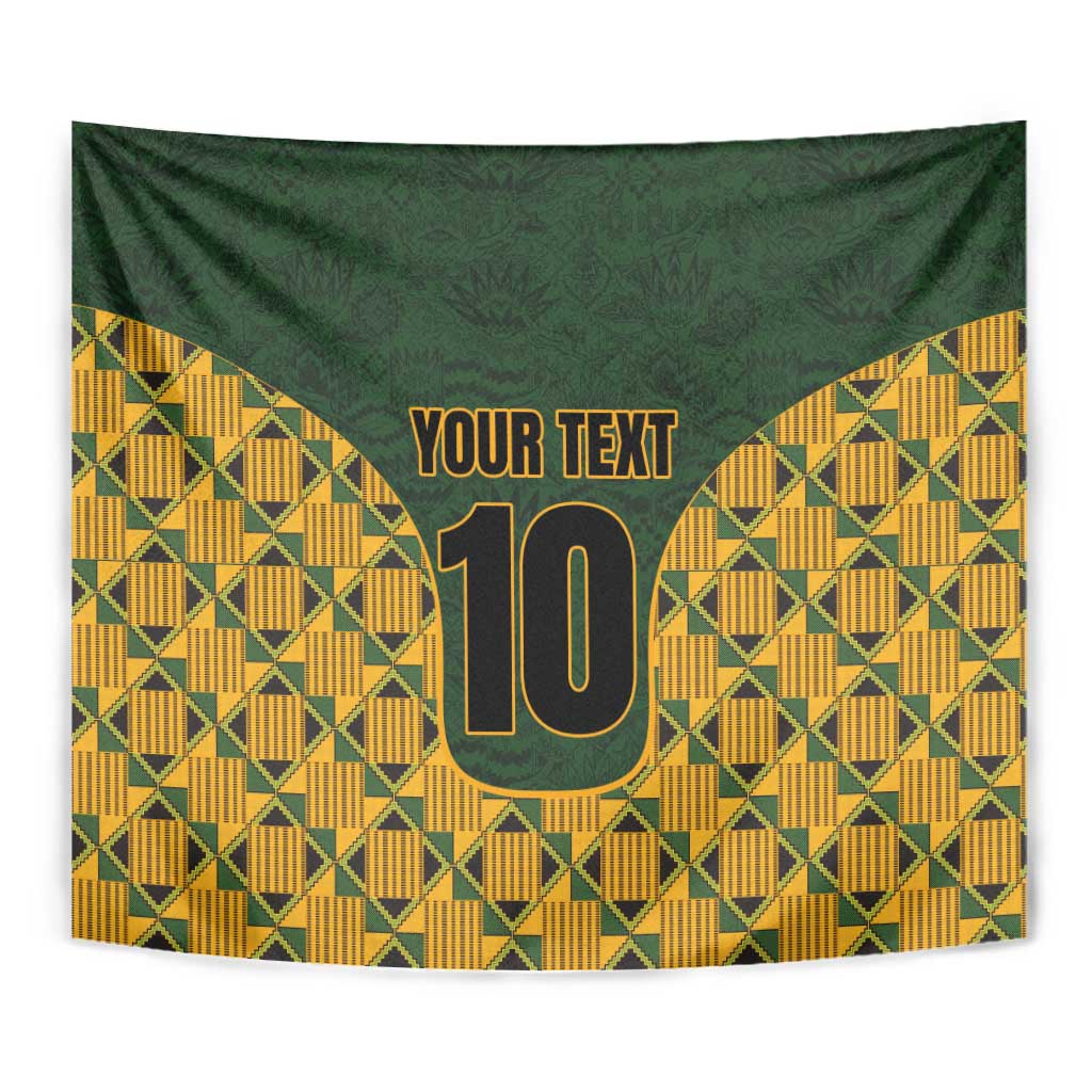 Kente-style tapestry in green and yellow with 'YOUR TEXT' above a large gold '10'.