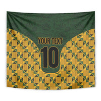 Kente-style tapestry in green and yellow with 'YOUR TEXT' above a large gold '10'.