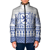 Padded jacket with blue-and-white Scottish crest and winter pattern, full-zip front