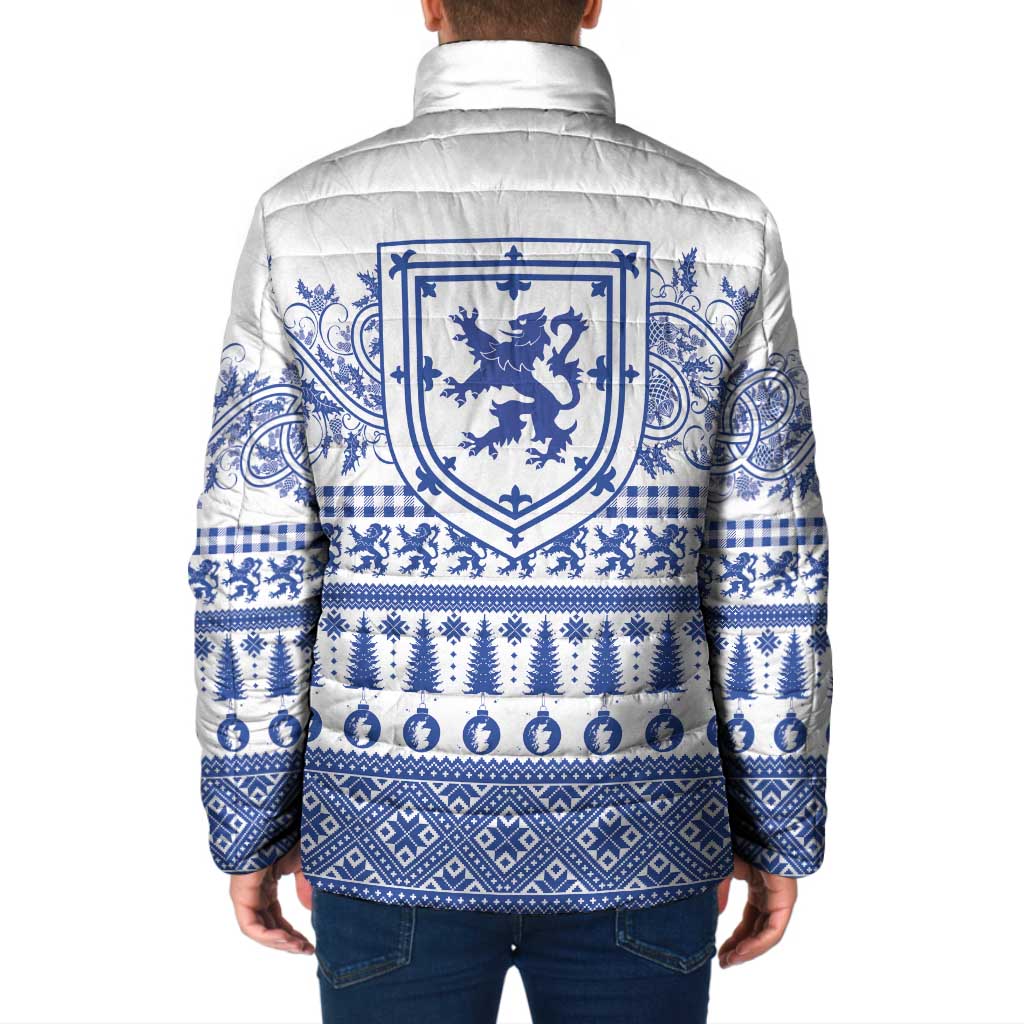 Padded jacket back with blue-and-white Scottish crest, full-zip front, high collar