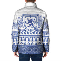 Padded jacket back with blue-and-white Scottish crest, full-zip front, high collar