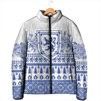 Padded jacket front on hanger, blue-and-white Scottish crest and winter pattern