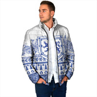 Padded jacket in blue-and-white Scottish crest print, side view with zip-up front
