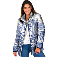 Padded jacket worn open, blue-and-white Scottish crest and winter pattern