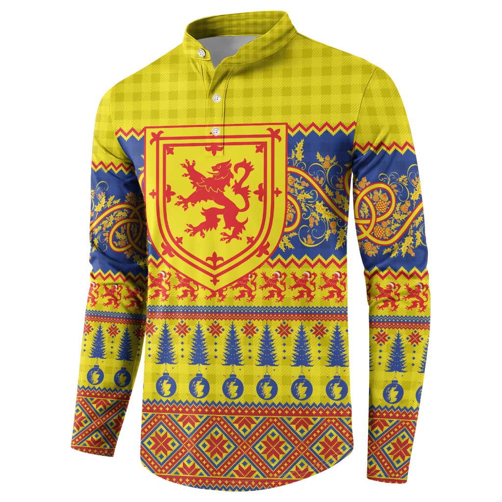Yellow button henley sweatshirt, long sleeves, red crest and blue festive motifs