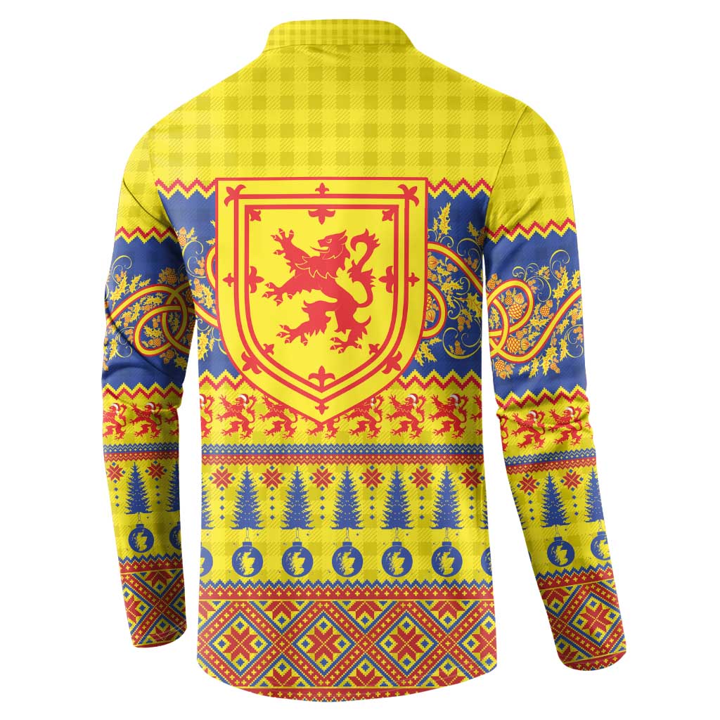 Yellow button henley sweatshirt back with large red shield and blue stripe motifs