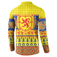 Yellow button henley sweatshirt back with large red shield and blue stripe motifs