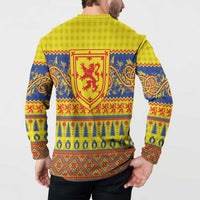 Yellow button henley sweatshirt on model, back red crest with blue and red bands