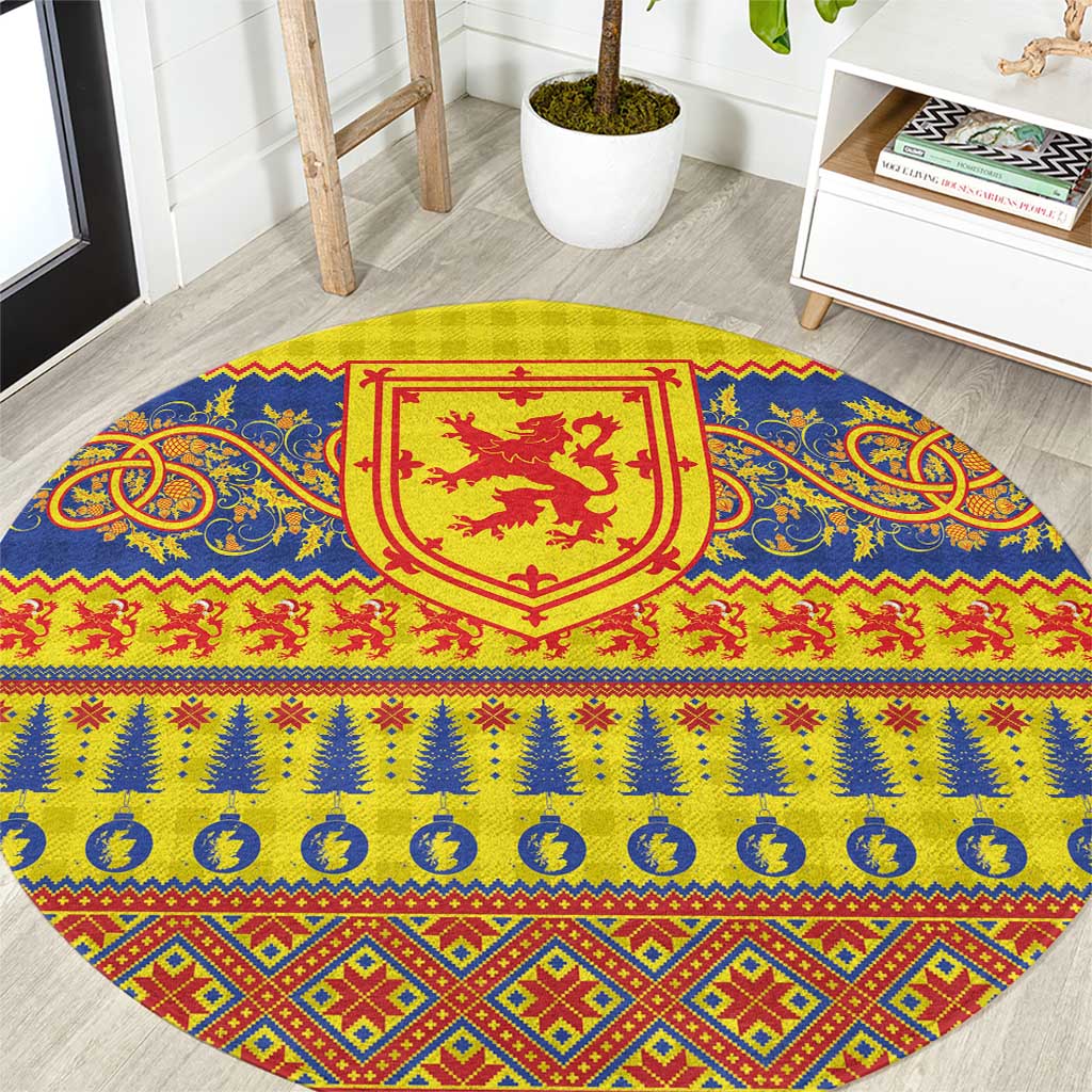 Scottish Christmas Round Carpet Scotland Thistle and Celtic Knot Yellow-Red Color - Wonder Print Shop